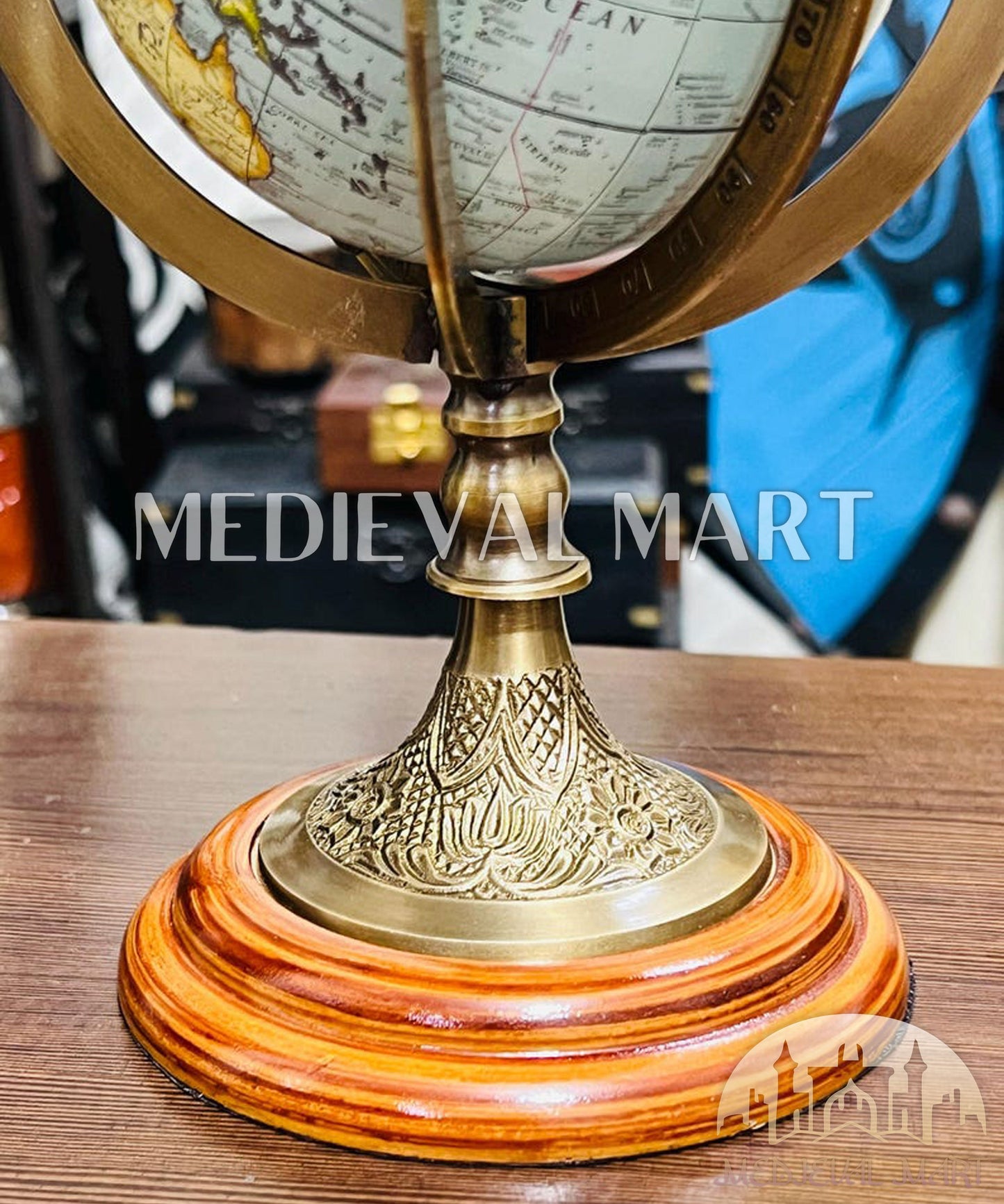 MEDIEVALMART Celestial Brass Armillary Sphere 6" Antique Globe with Black Gold Orb Scholar's Desk Sculpture Gift