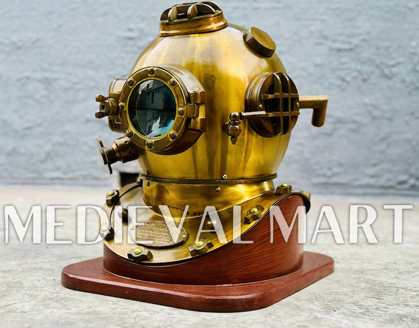 MEDIEVALMART Antique Gold Finish Diving Helmet With Wooden Base