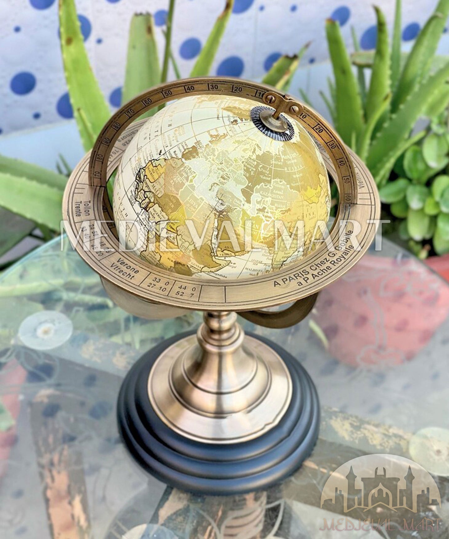 MEDIEVALMART Globe terrestre de table vintage en laiton fait main : Décoration de maison et de bureau de style antique, cadeau pour papa