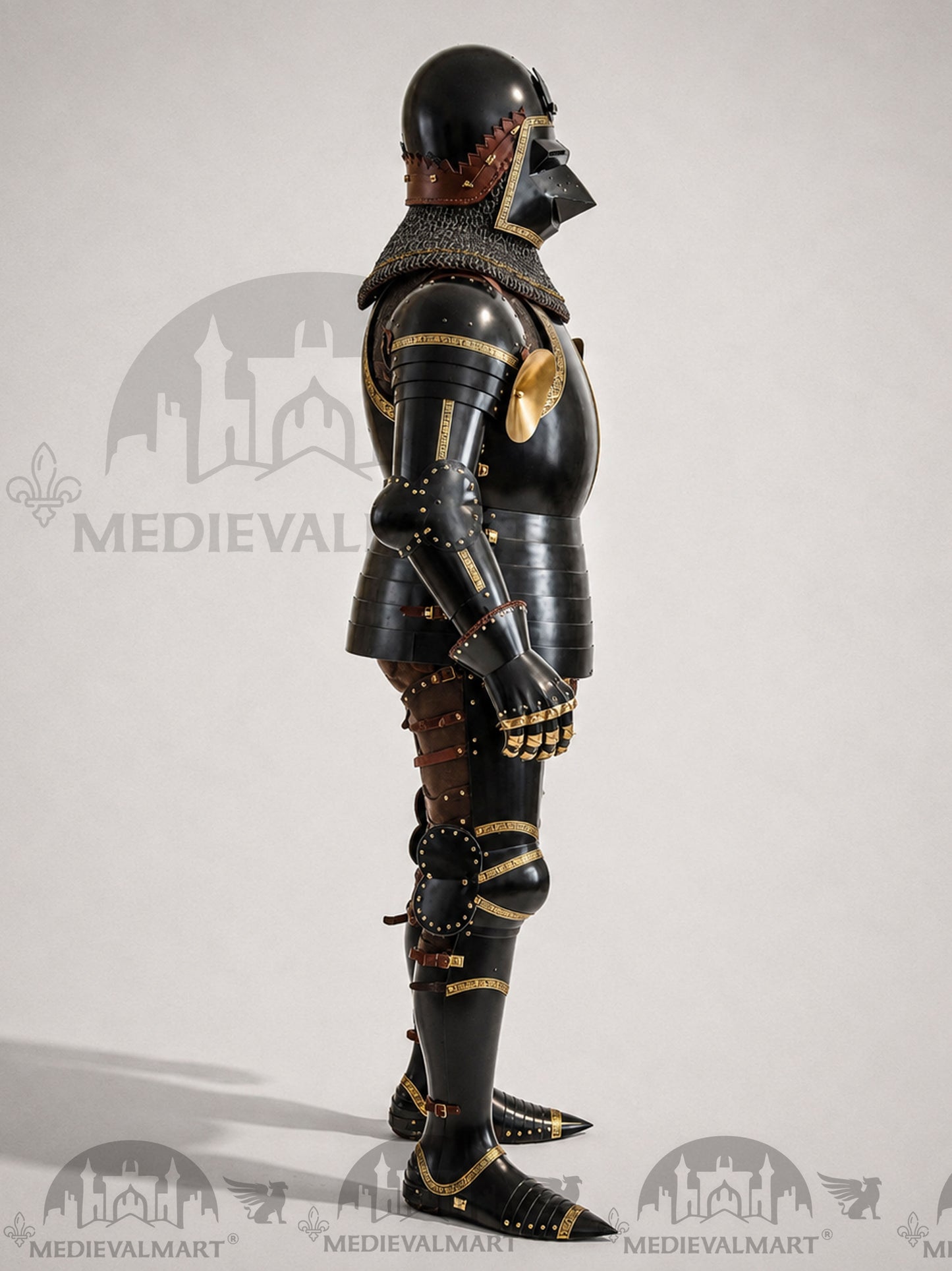 MEDIEVALMART Dark Paladin Imperial Guard Knight  Black & Brass Deco Full Body Metal Armor Costume W/H Houndskull