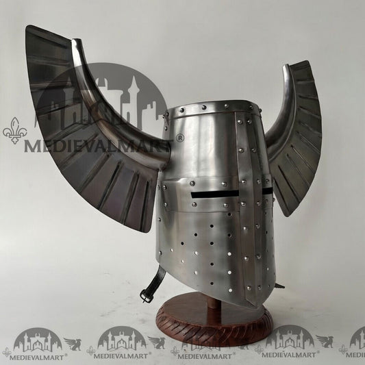 MEDIEVALMART Casque médiéval de templier guerrier teutonique finition argentée avec support gratuit
