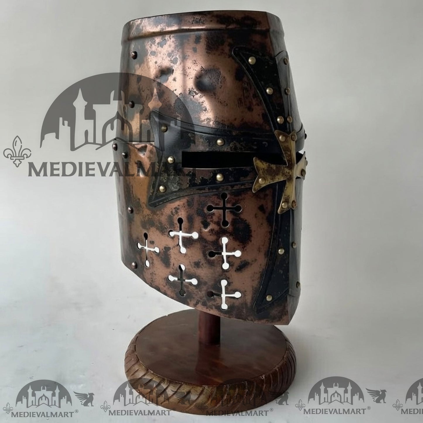 MEDIEVALMART Special Templar Crusader Knight Battle Damage Copper Finish Helmet W/H Free Stand