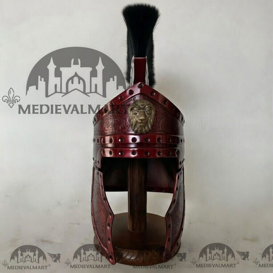 MEDIEVALMART Casque de Centurion Romain Médiéval Finition Rouge Grenat avec Panache Noir ou Support en Bois Offert
