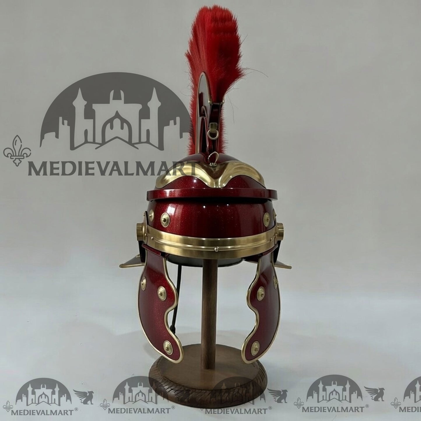 MEDIEVALMART Gallic Roman Centurion Maroon Red Finish Helmet Replica Red Plume with Free Stand