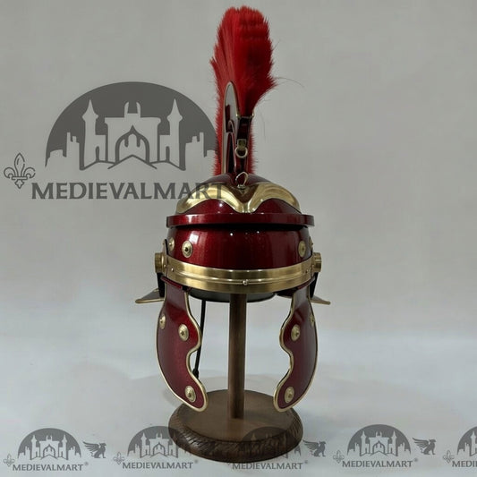 MEDIEVALMART Casque de centurion romain gaulois, finition rouge marron, panache rouge avec support gratuit