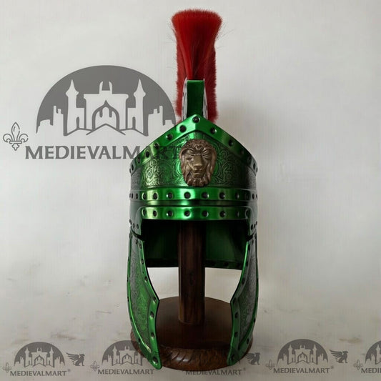 MEDIEVALMART Casque de centurion romain médiéval finition verte avec panache rouge ou support en bois gratuit