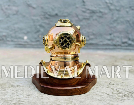 MEDIEVALMART 6"INCH Pure Cooper Brass Diving Helmet With Wooden Base