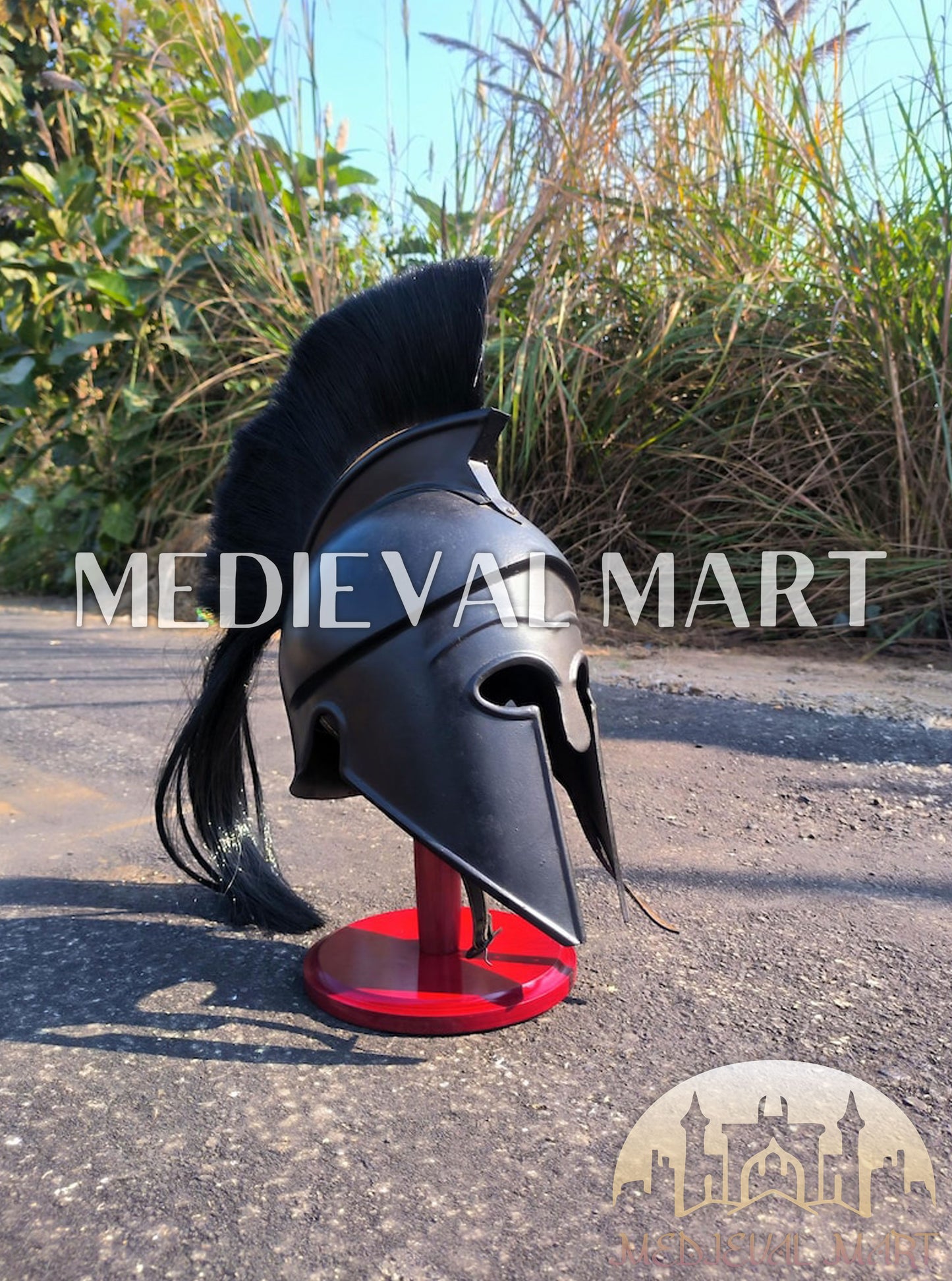MEDIEVALMART Corinthian Greek Knight Crusader Black Finish Spartan Helmet W/H Free Stand | 300 Props