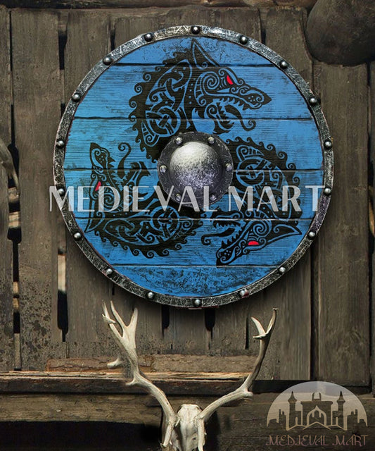 MEDIEVALMART Viking's Fenrir Blue Athena’s Authentic  Battleworn Viking Wooden Shield | Gifts For Dad