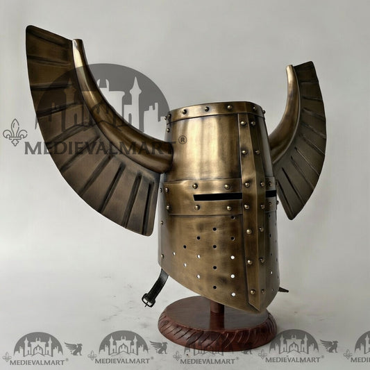 MEDIEVALMART Casque ailé de guerrier templier médiéval teutonique finition or antique avec support gratuit