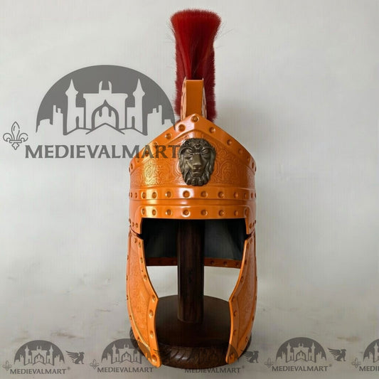 MEDIEVALMART Casque de centurion romain médiéval finition orange avec panache rouge ou support en bois gratuit