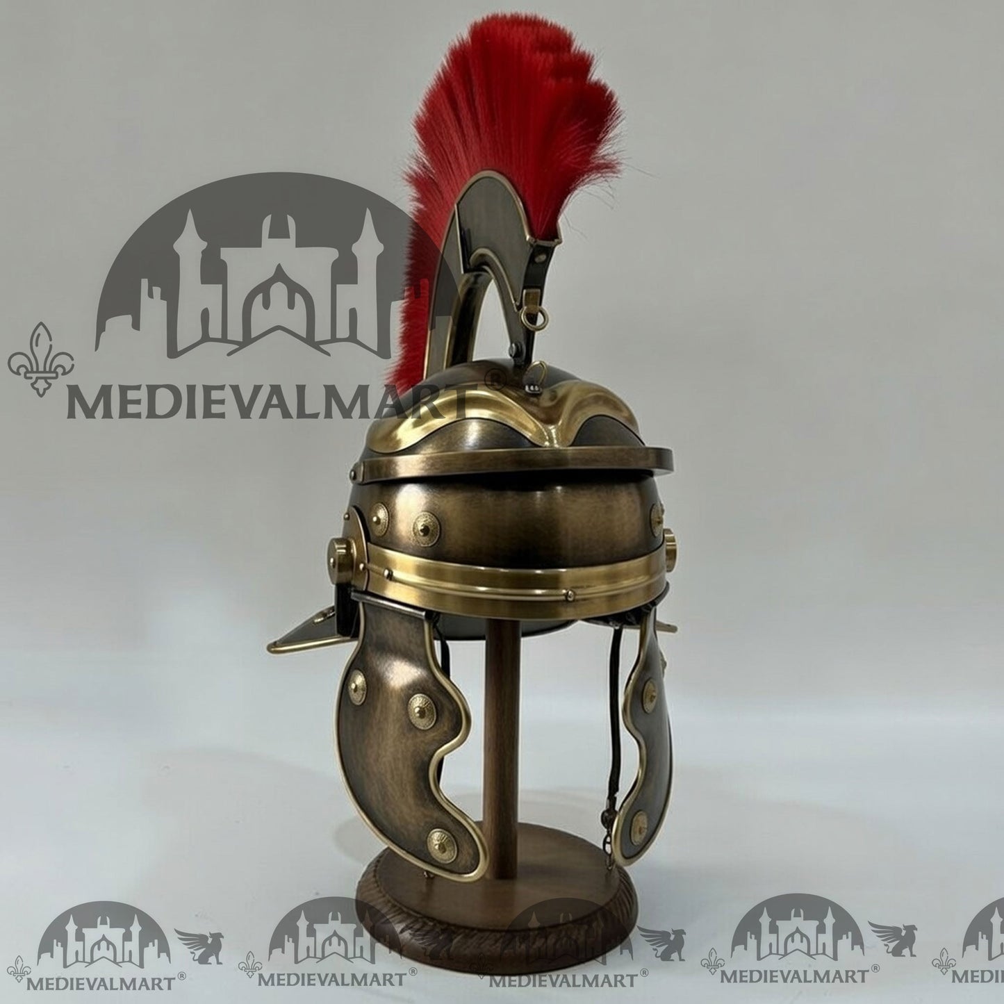 MEDIEVALMART Gallic Roman Centurion Antique Gold Finish Helmet Replica Red Plume with Free Stand