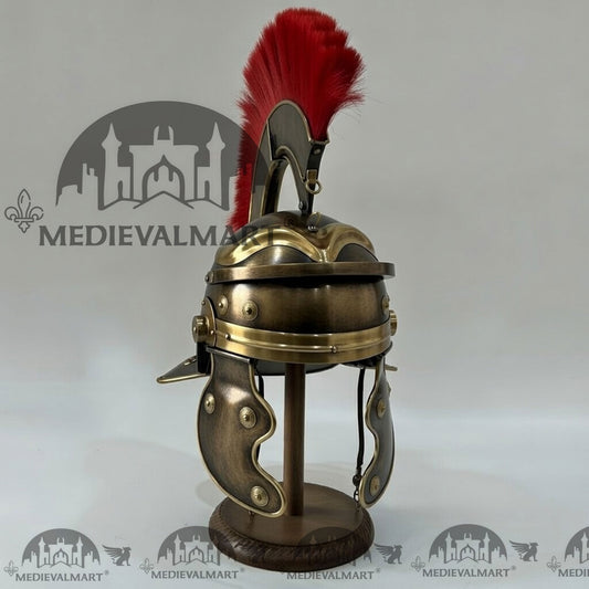 Casque de centurion romain gaulois MEDIEVALMART finition or antique réplique panache rouge avec support gratuit