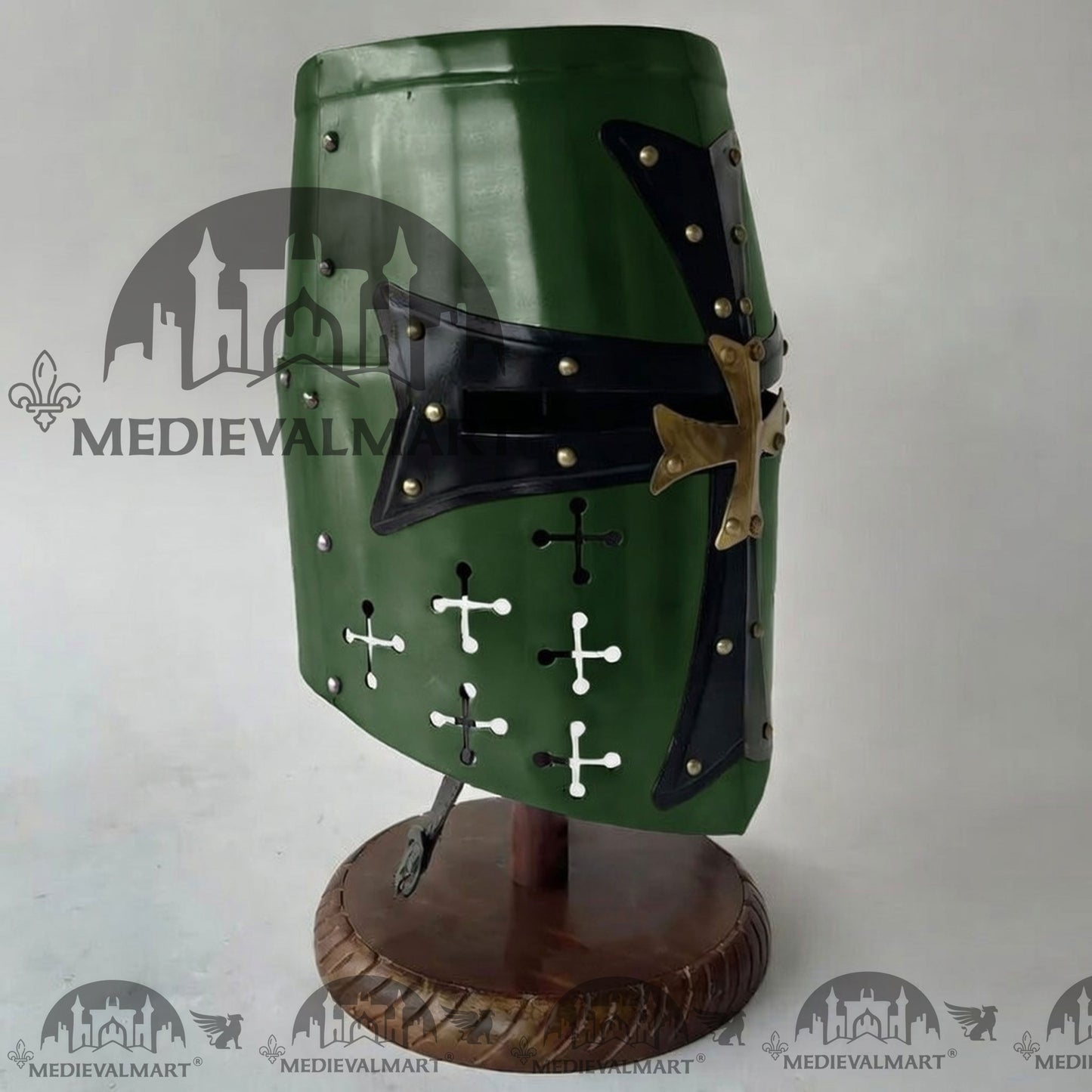 MEDIEVALMART Special Templar Crusader Knight Jade Green Finish Helmet W/H Free Stand