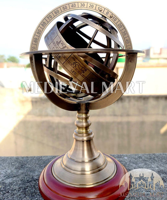 MEDIEVALMART Handmade Engraved Brass Armillary Sphere with Wooden Base – Vintage Marine Decor Globe
