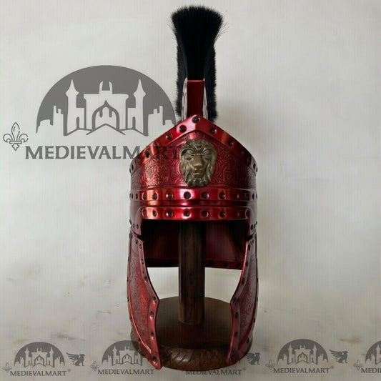 MEDIEVALMART Casque de centurion romain médiéval finition rouge avec panache noir ou support en bois gratuit
