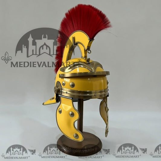 MEDIEVALMART Casque de centurion romain gaulois, finition jaune, réplique de casque avec panache rouge et support gratuit