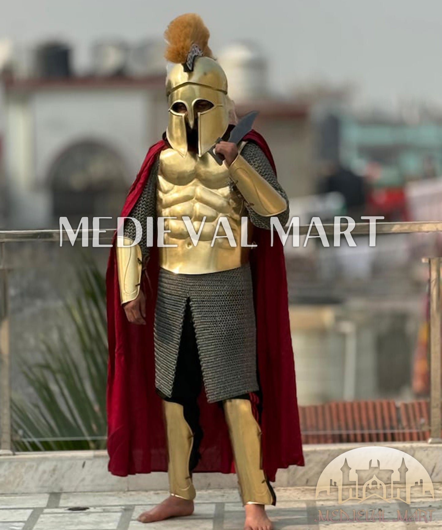 MEDIEVALMART Medieval Spartan Greek Full Costume Gold Finish with chainmail