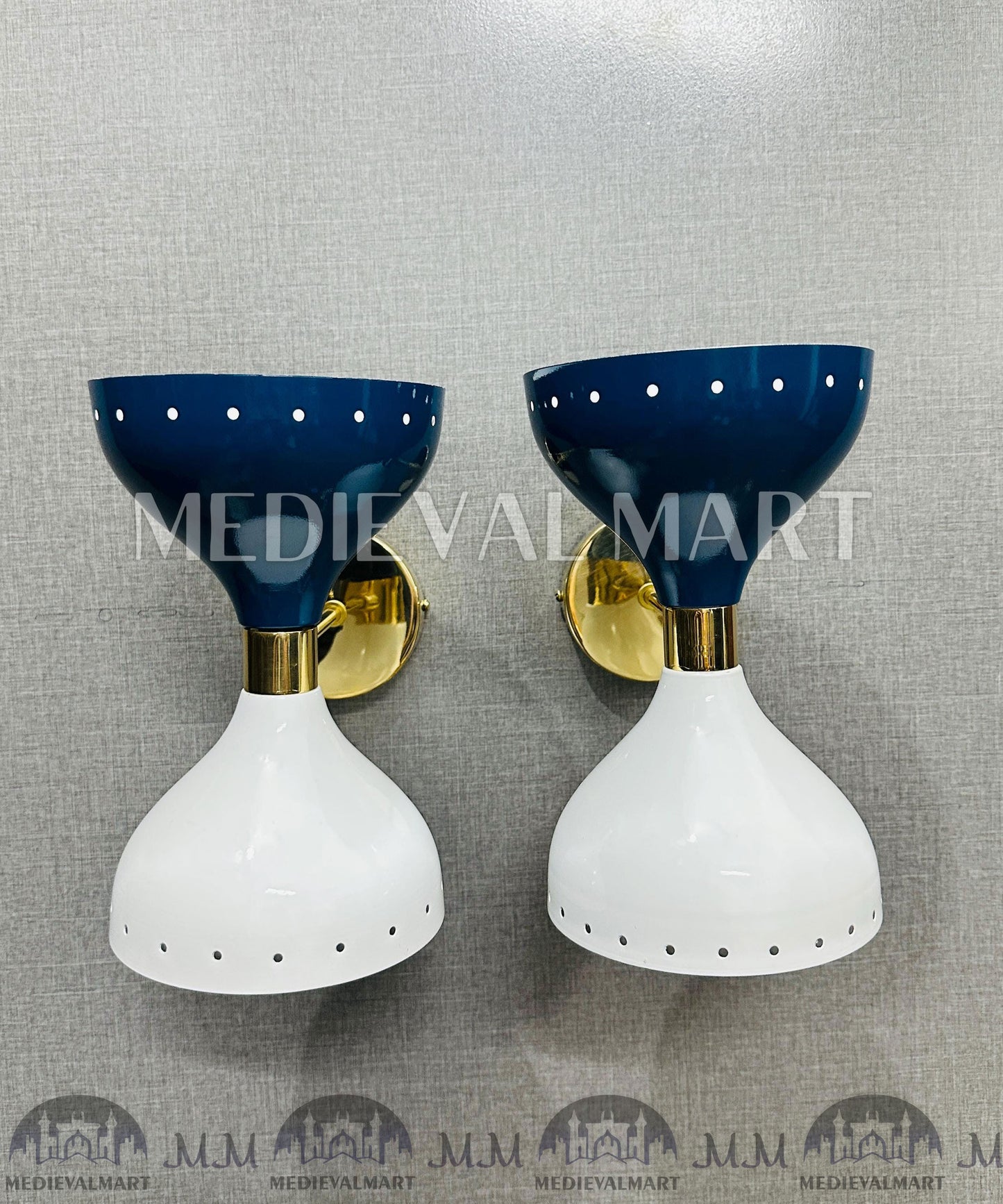 MEDIEVALMART Mid-Century Modern Diabolo Wall Sconces: Blue & White Brass Accent Lights (Pair)
