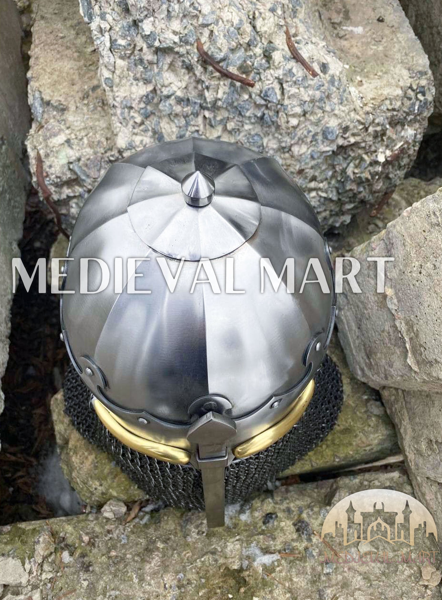MEDIEVALMART 13th-Century Medieval Nasal Bascinet Chain Mail Helmet