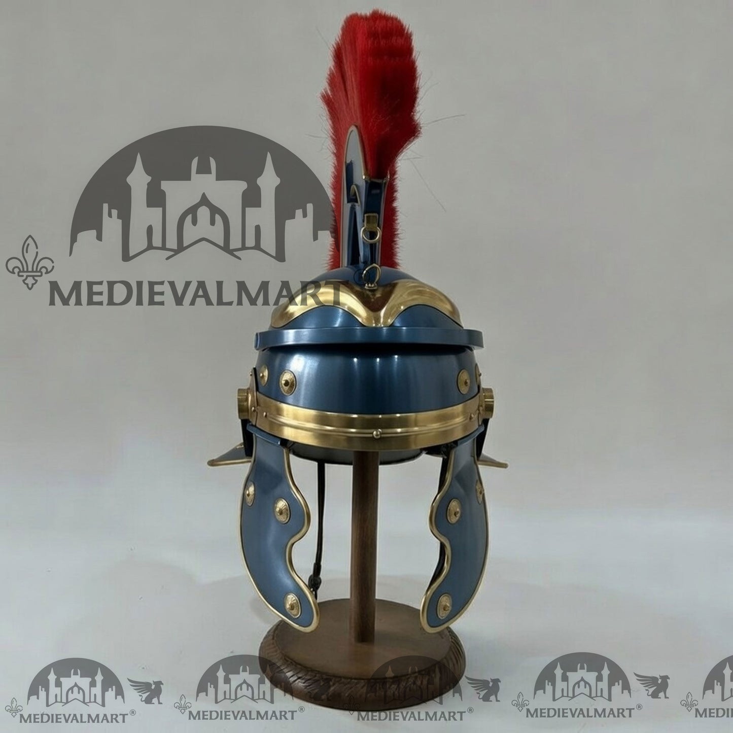 MEDIEVALMART Gallic Roman Centurion Ocean Blue Finish Helmet Replica Red Plume with Free Stand