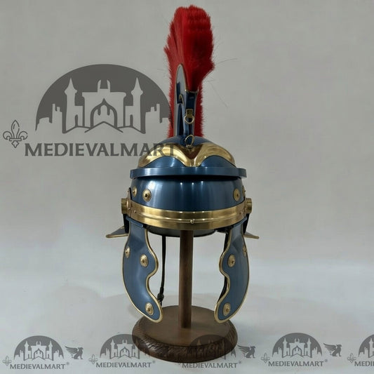 MEDIEVALMART Casque de Centurion Romain Gauloise Finition Bleu Océan Réplique Plume Rouge avec Support Gratuit