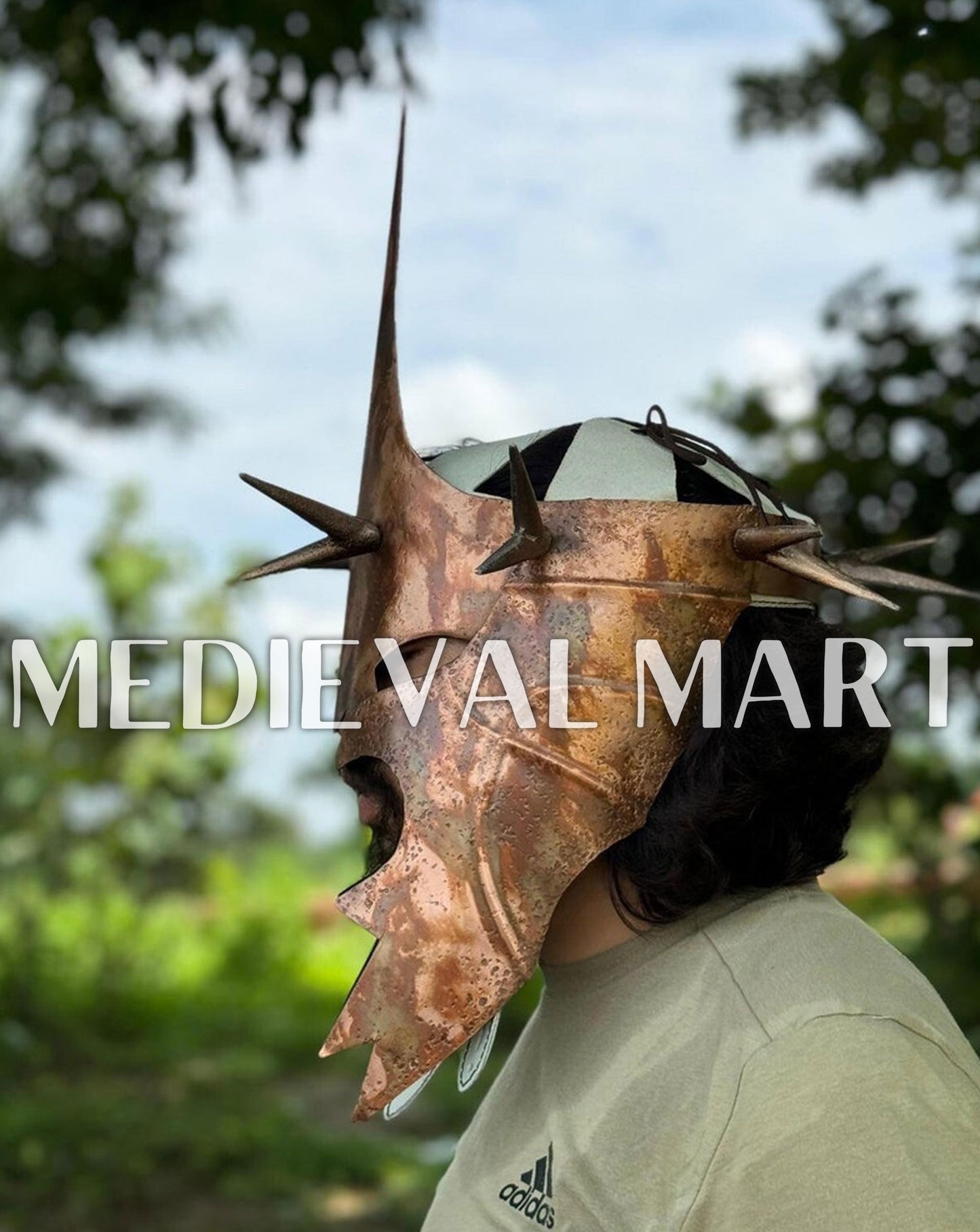 MEDIEVALMART Antique Bronze Finish Nazgul Helmet W/H Free Stand | LOTR Props
