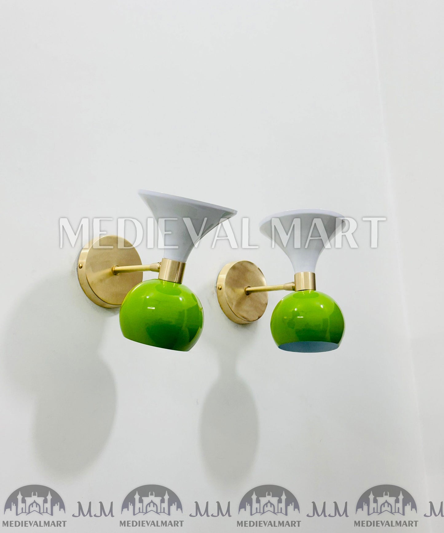 MEDIEVALMART Mid-Century Modern Brass Diabolo Wall Sconce - Green & White - Pair