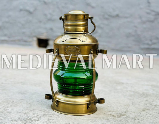 MEDIEVALMART Nautical Vintage Brass Green Glass Ship Oil Lamp - Personal Engraving Marine Lantern