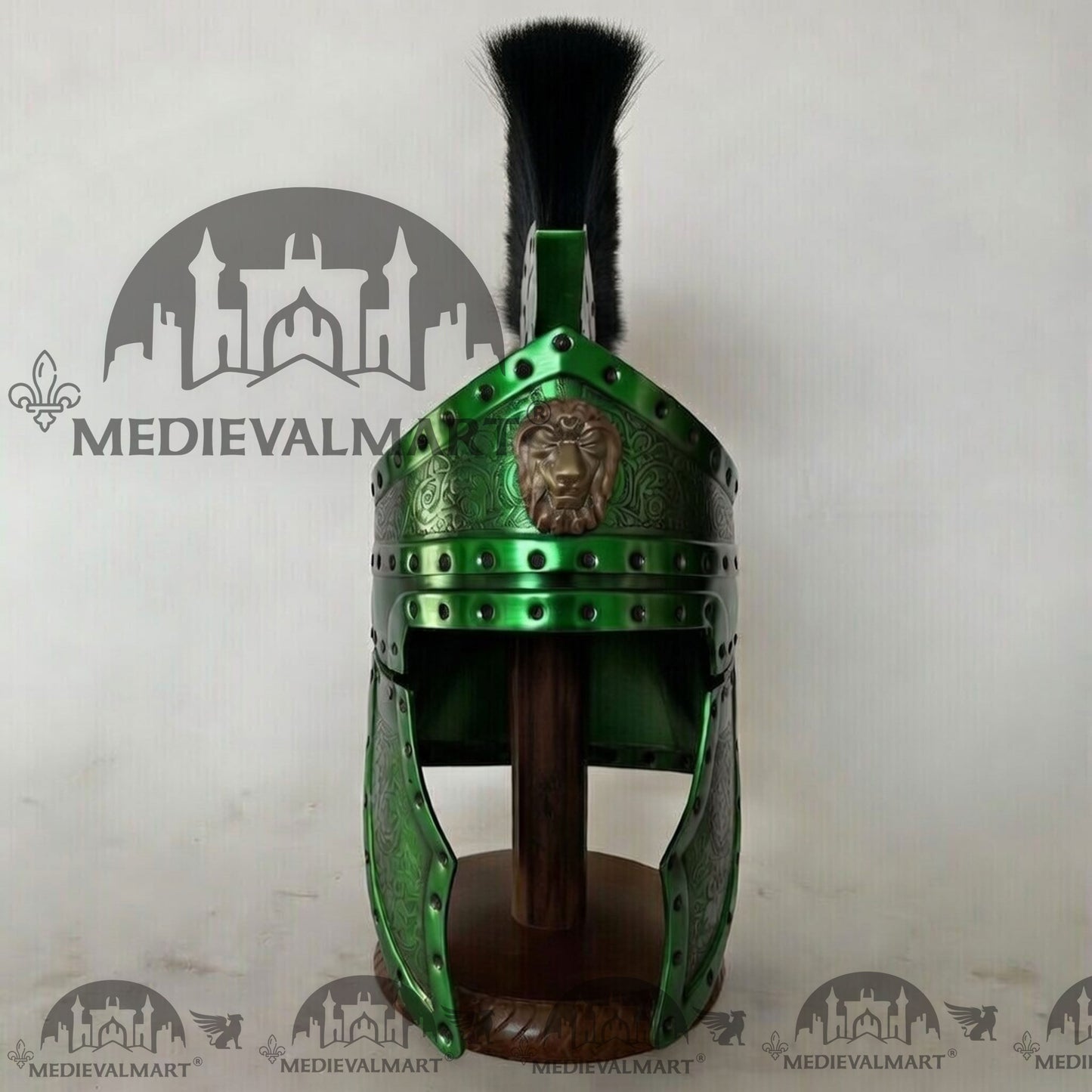 MEDIEVALMART Medieval Roman Centurion Green Finish Helmet with Black Plume or Free Wooden Stand