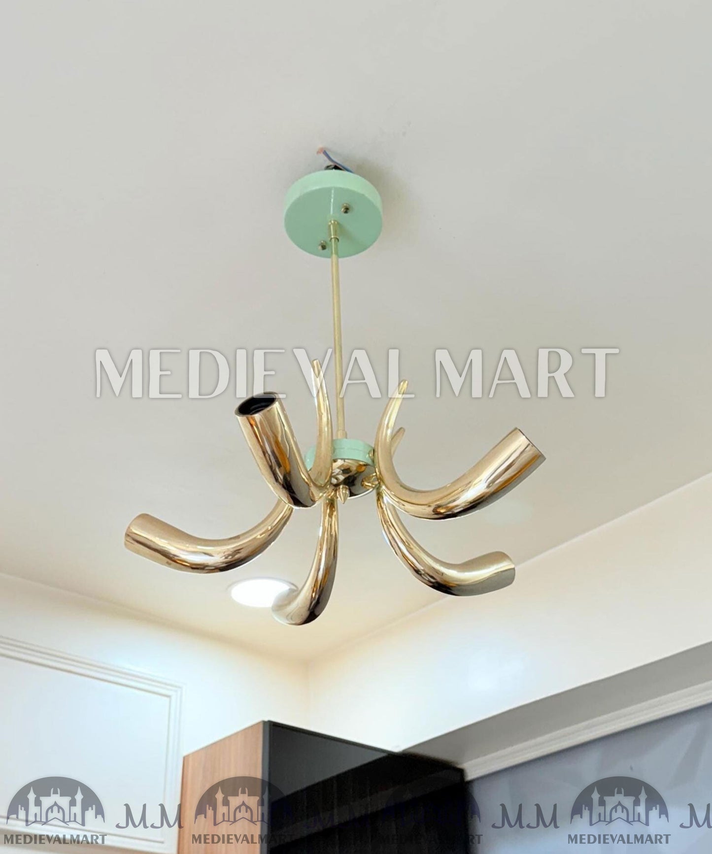 MEDIEVALMART Handmade Brass 5-Arm Chandelier | Mid-Century Modern Light Fixture