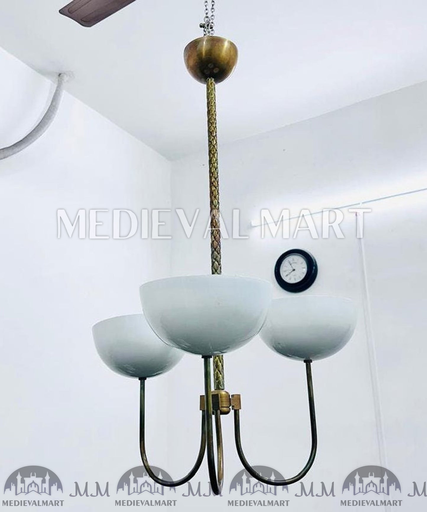 MEDIEVALMART Mid Century Modern Brass White Chandelier: 3-Light Dome Pendant