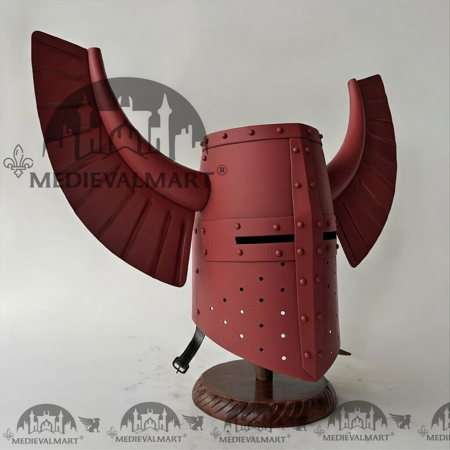 MEDIEVALMART Medieval Templar Warrior Teutonic Antique Red Finish Wing Helmet with Free Stand