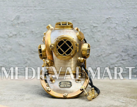 MEDIEVALMART  1945 US Navy Helium Copper brass Diving Helmet With Wooden Base