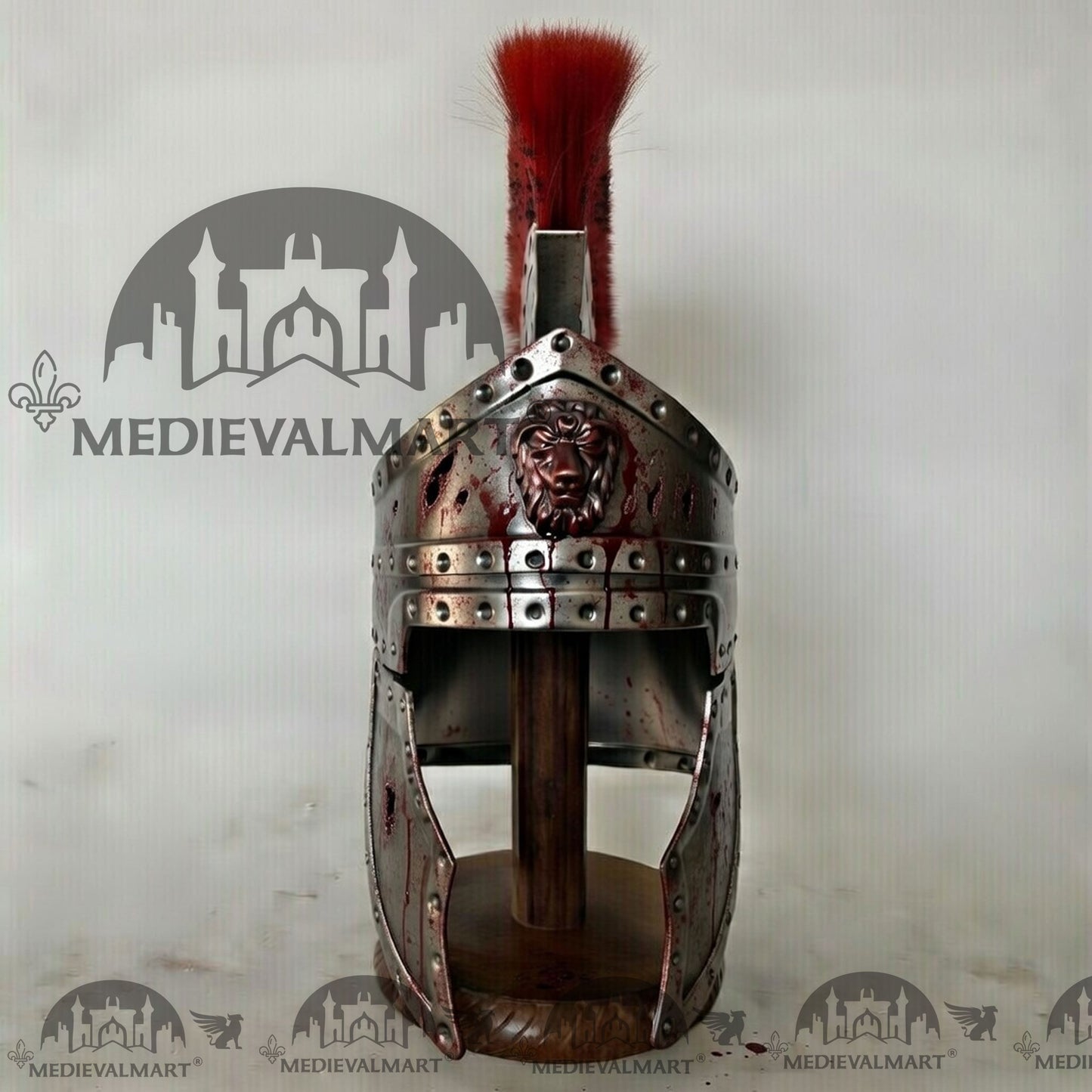 MEDIEVALMART Medieval Roman Centurion Silver Battle Damage W/H Blood Finish Helmet with Red Plume or Free Wooden Stand