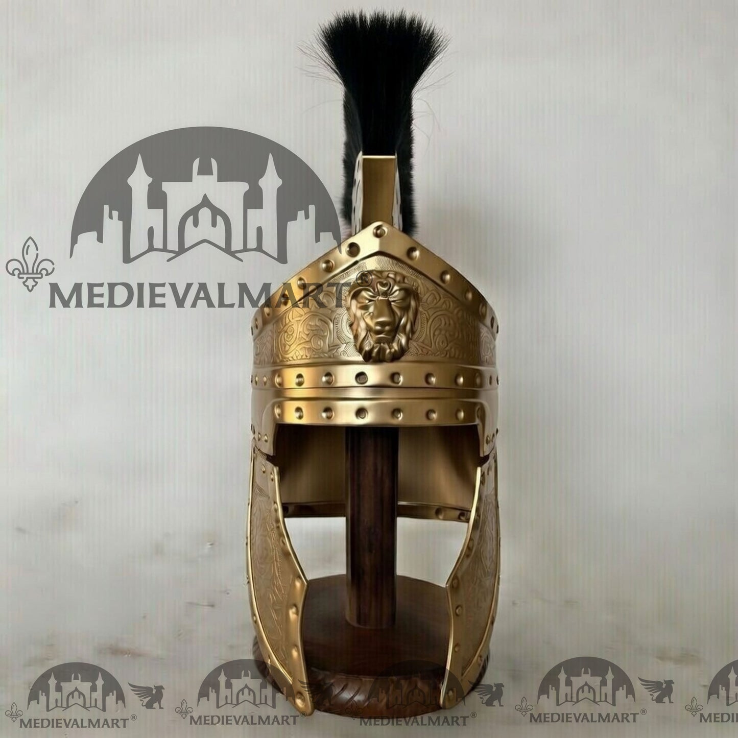 MEDIEVALMART Medieval Roman Centurion Gold Finish Helmet with Black Plume or Free Wooden Stand