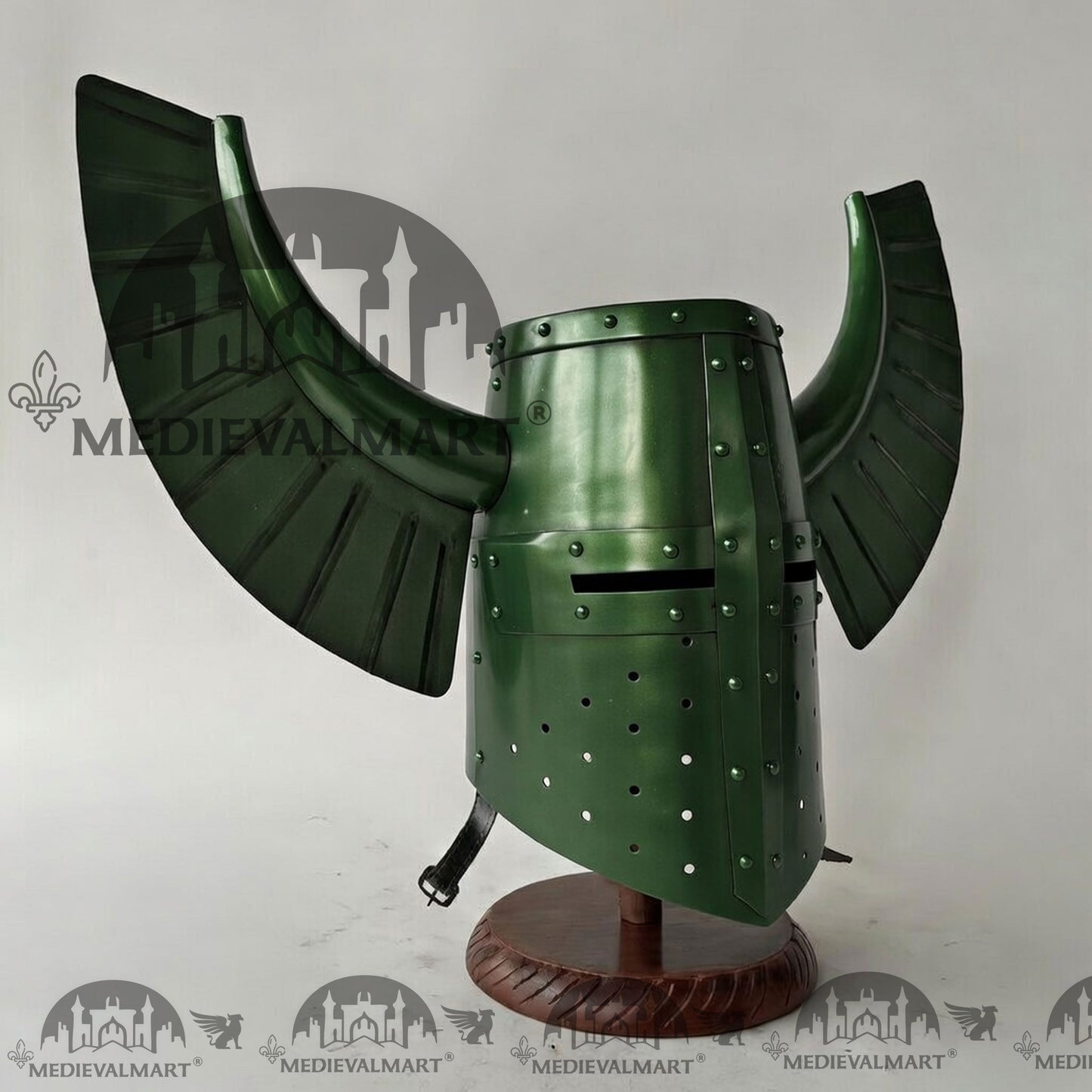 MEDIEVALMART Medieval Templar Warrior Teutonic Jade Green Finish Wing Helmet with Free Stand