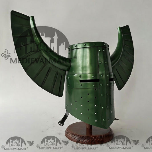 MEDIEVALMART Casque médiéval de guerrier templier teutonique ailé vert jade avec support gratuit