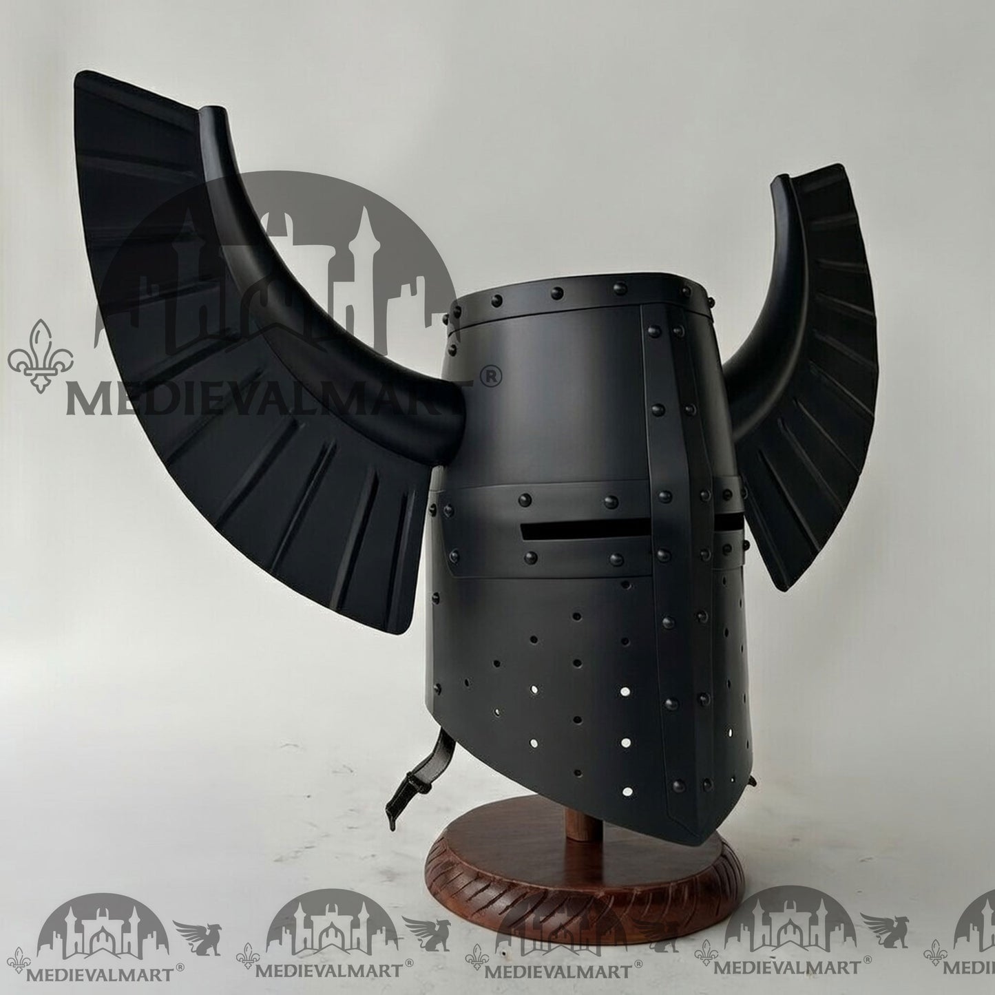MEDIEVALMART Medieval Templar Warrior Teutonic Wing Helmet Black Finish with Free Stand