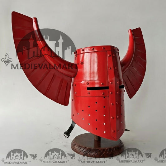 MEDIEVALMART Casque de Chevalier Templier Médiéval Teutonique Rouge avec Support Offert