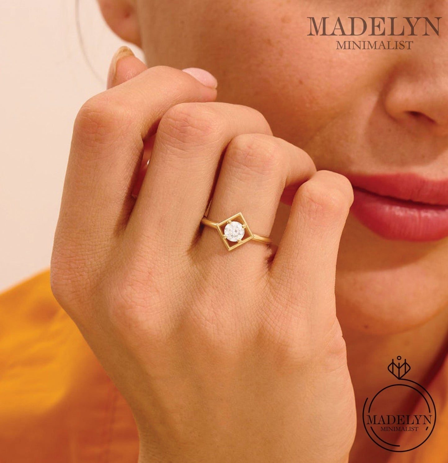 MADELYN MINIMALIST 14k Solid Gold Round Diamond Cz Ring, Dainty Square Shape Band Ideal for Everyday Wear | Gift for Her, Mom