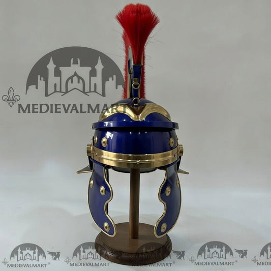 MEDIEVALMART Casque de Centurion Romain Gaullois Finition Bleue Réplique Panache Rouge avec Support Gratuit