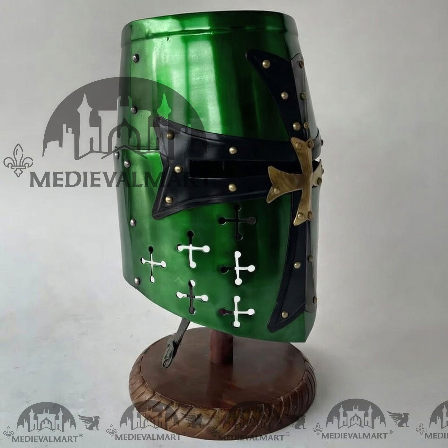 MEDIEVALMART Special Templar Crusader Knight Green Finish Helmet W/H Free Stand