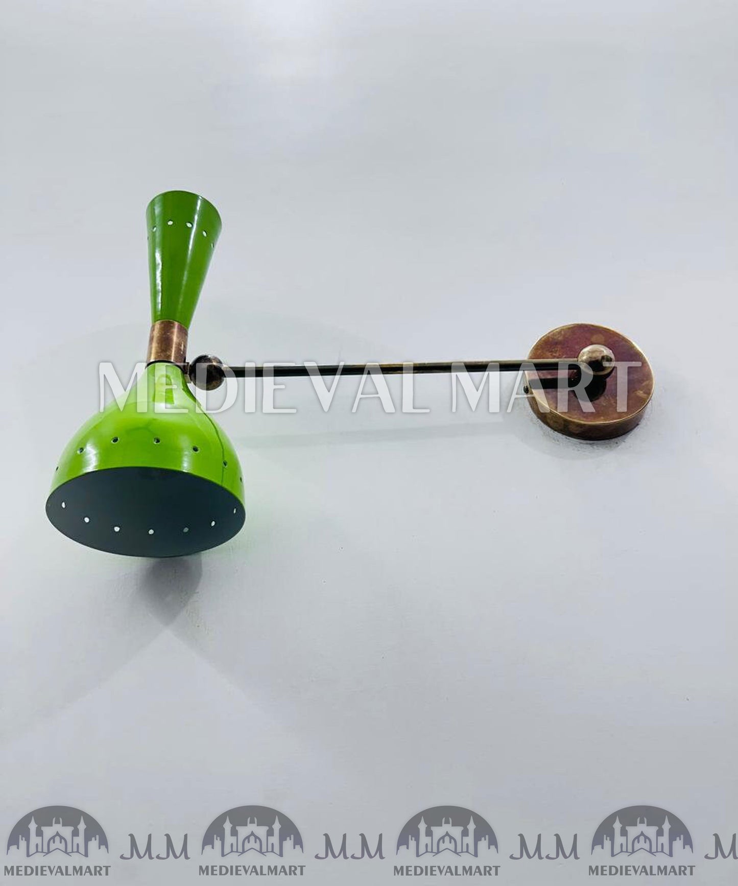 MEDIEVALMART 1950s Italian Diabolo Wall Sconce: Mid-Century Olive Green Brass Light