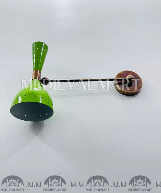 MEDIEVALMART 1950s Italian Diabolo Wall Sconce: Mid-Century Olive Green Brass Light
