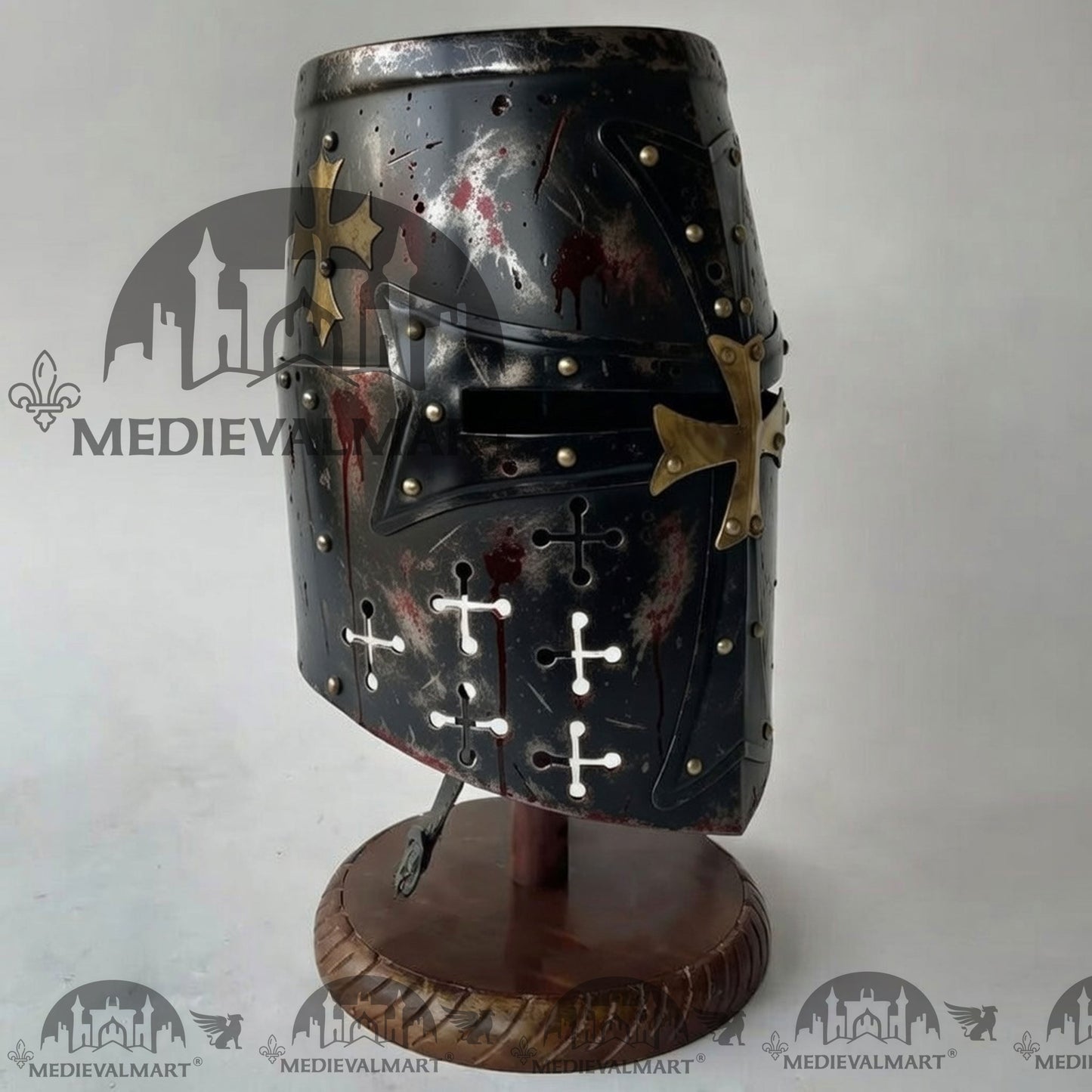 MEDIEVALMART Special Templar Crusader Knight Damage Black W/H Blood Finish Helmet W/H Free Stand