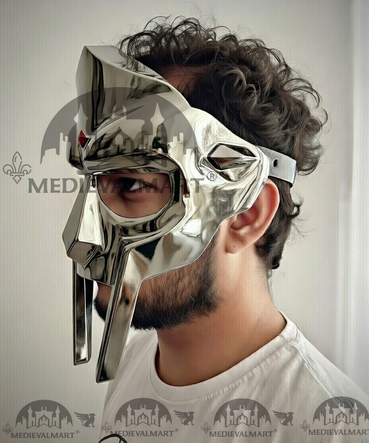 MEDIEVALMART PREMIUM MF DOOM Mask Mad Villain Metallic Silver Finish Steel Face Armor