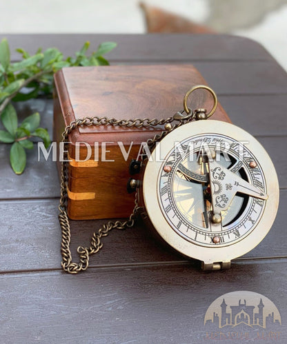 MEDIEVALMART Custom Engrave Nautical Sun Clock Adventure Compass Gold Finish W/H Gen-1 Wooden Case | Gift For Mom