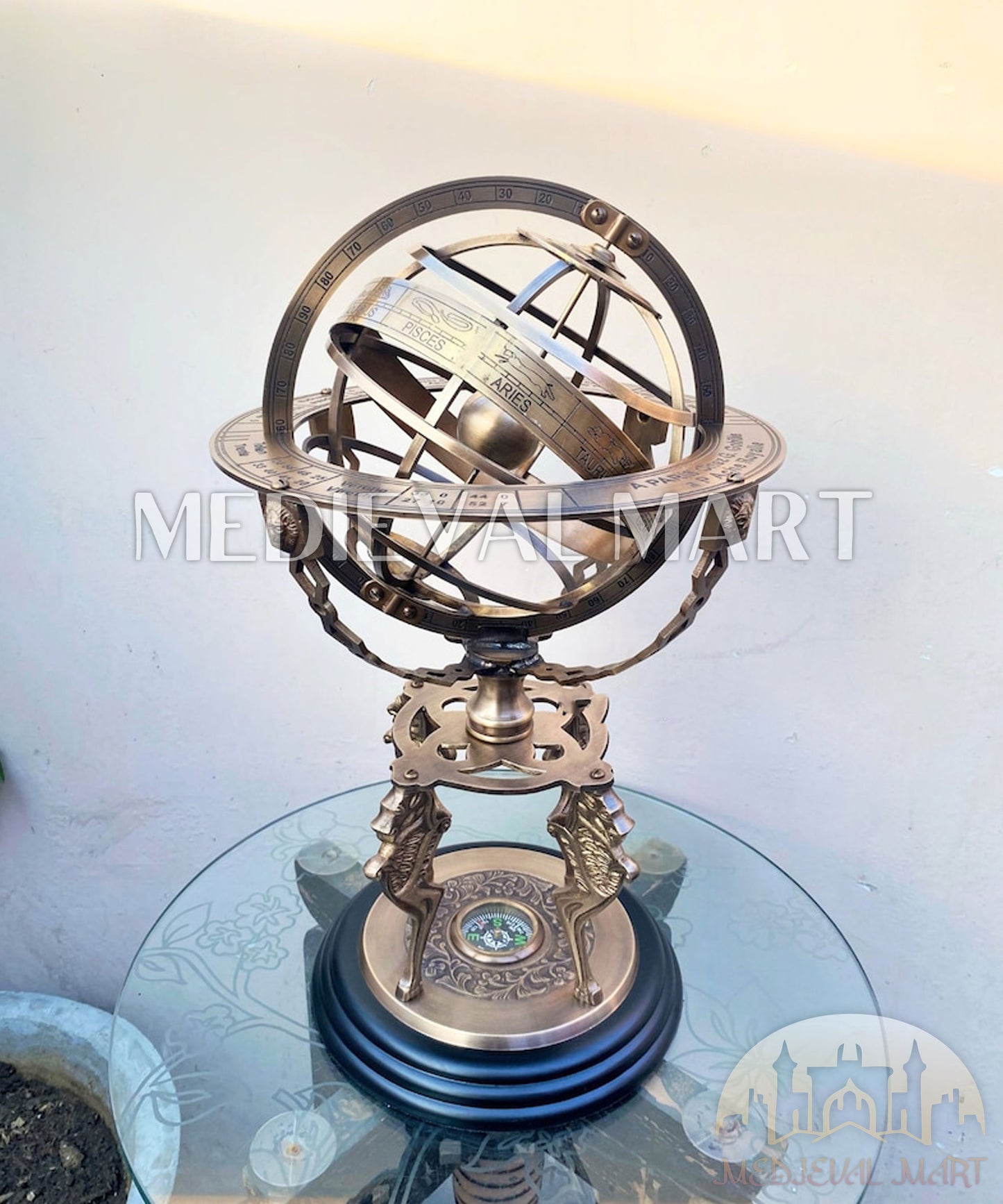 MEDIEVALMART Brass Armillary Sphere Globe: Celestial Navigation Decor with Compass Gift for Mom