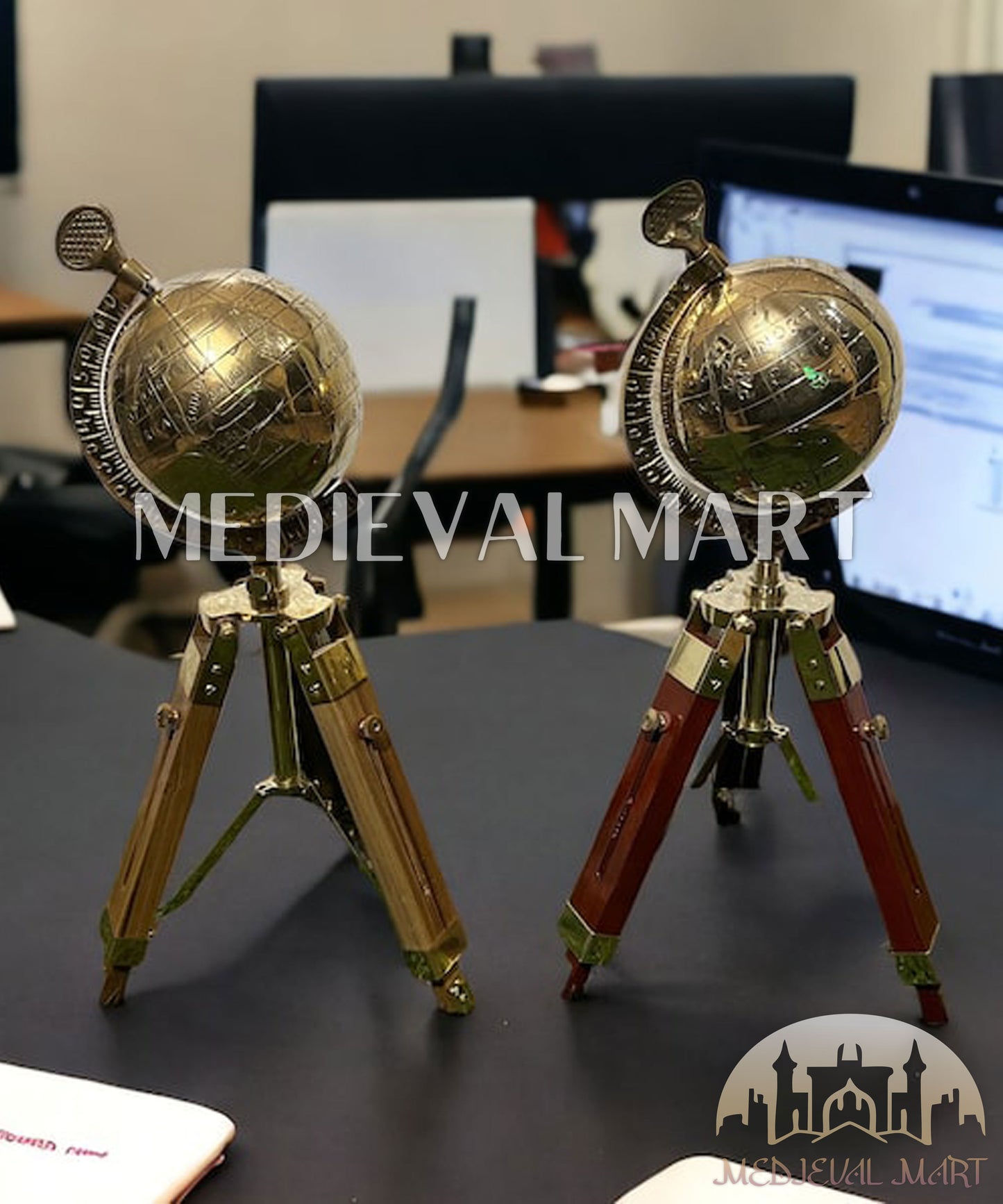 MEDIEVALMART Handmade Brass Armillary Sphere Globe: Wooden Tripod, Nautical Decor Gift for Mom or Dad